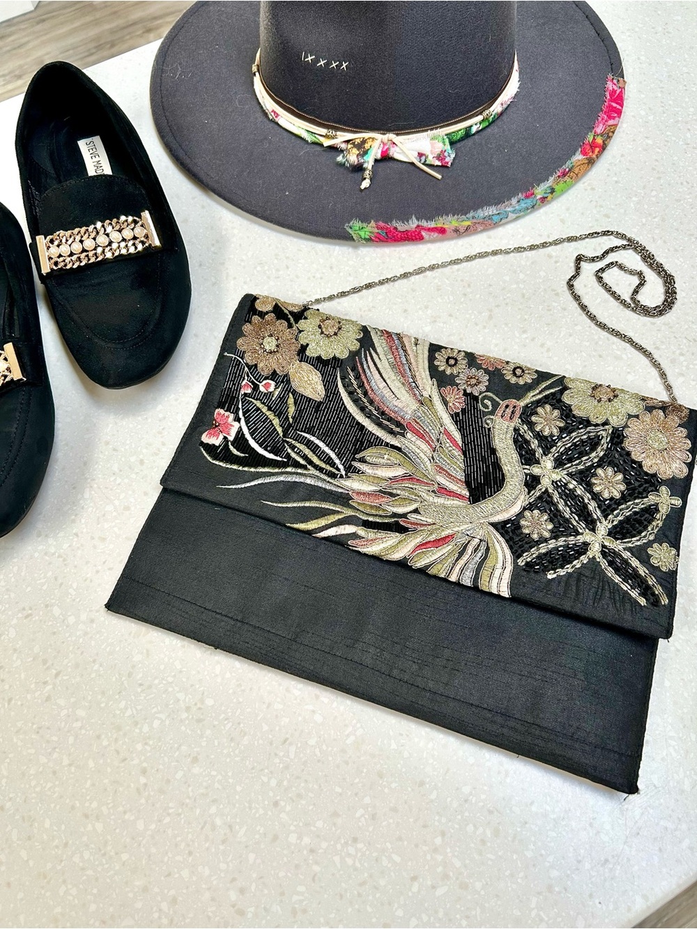 Peacock Embroidered sequins Black Satin envelope Clutch Bag with Chain Strap
